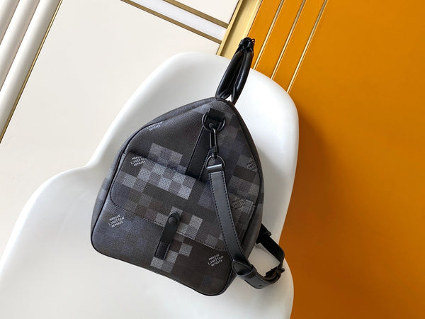 LV Keepall Bandouliere 50 Travel Bag Black Damoflage Canvas