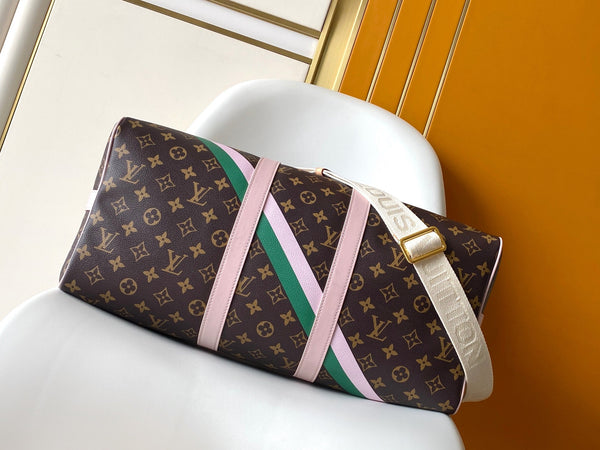 LV M25822 Keepall Bandoulière 45 Travel Bag Brown Pink Monogram Canvas GHW