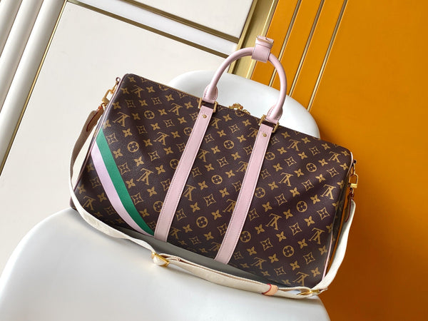 LV M25822 Keepall Bandoulière 45 Travel Bag Brown Pink Monogram Canvas GHW