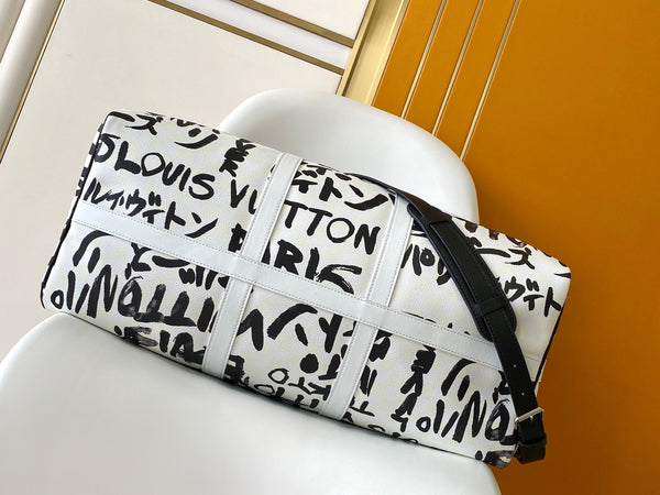 LVx N&PW Keepall Bandoulière 50 Black White Cowhide