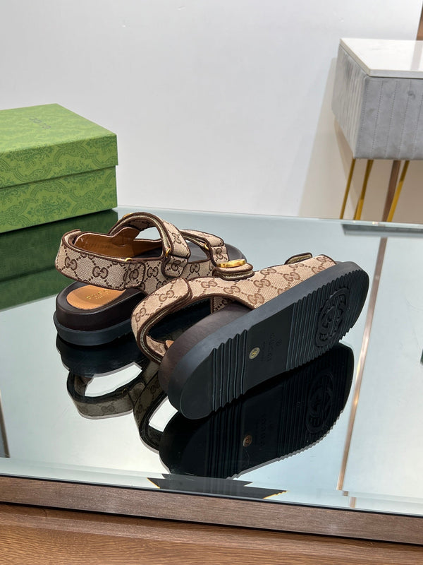 GG SANDAL WITH DOUBLE G PECAN CARO LAMBSKIN