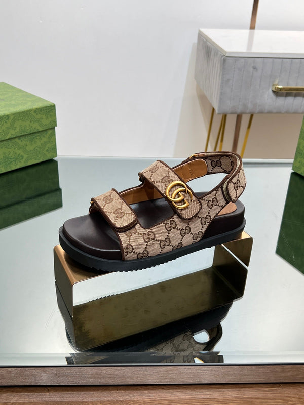 GG SANDAL WITH DOUBLE G PECAN CARO LAMBSKIN