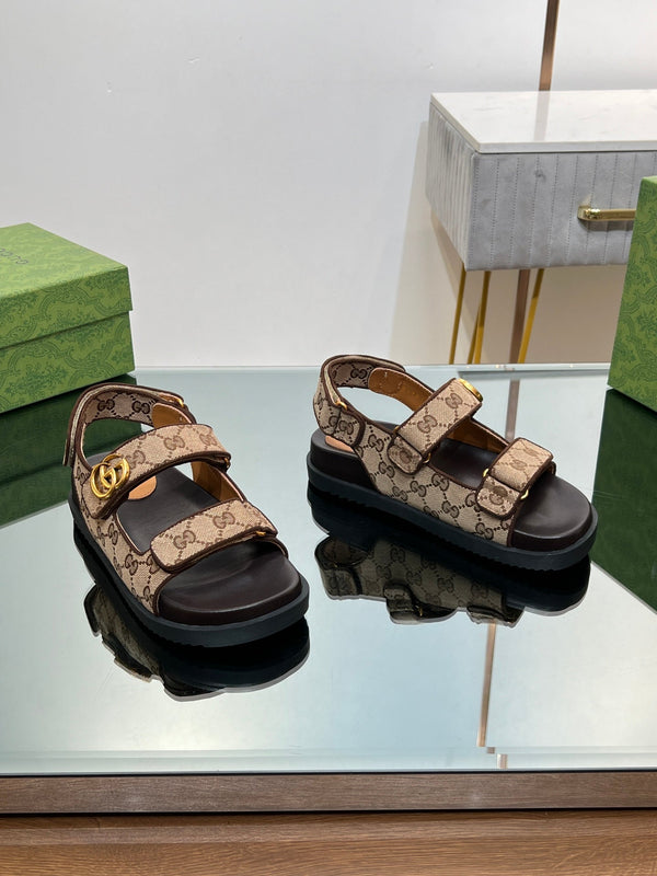 GG SANDAL WITH DOUBLE G PECAN CARO LAMBSKIN