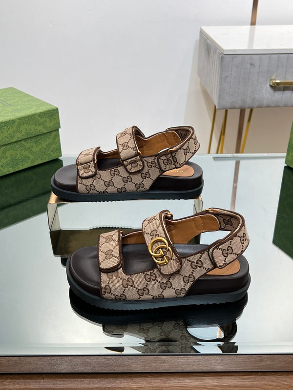 GG SANDAL WITH DOUBLE G PECAN CARO LAMBSKIN