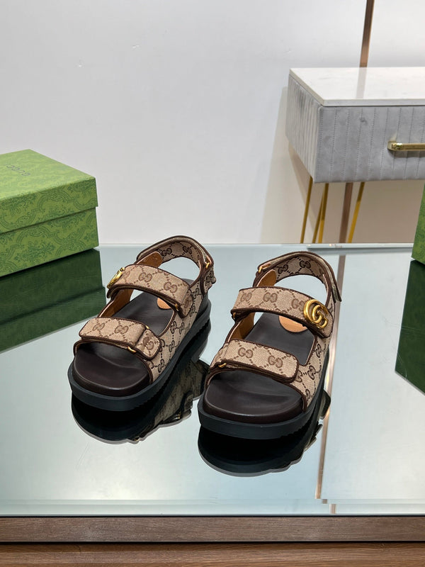 GG SANDAL WITH DOUBLE G PECAN CARO LAMBSKIN