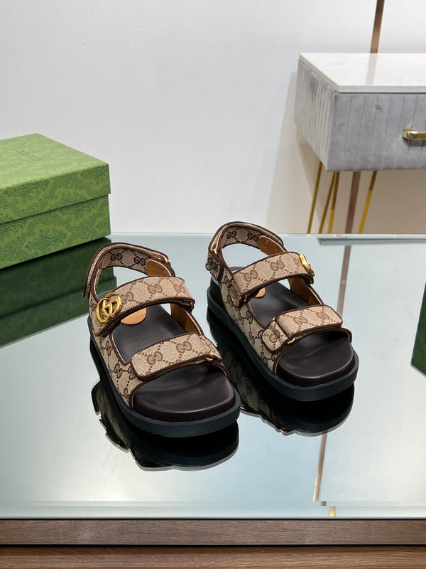 GG SANDAL WITH DOUBLE G PECAN CARO LAMBSKIN