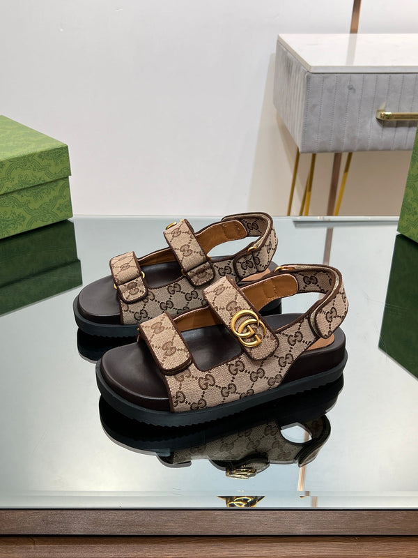 GG SANDAL WITH DOUBLE G PECAN CARO LAMBSKIN