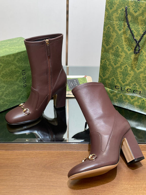Stivaletto GG Horsebit in pelle di vitello color cioccolato 95