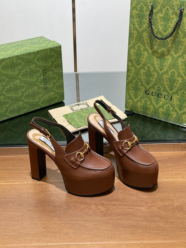 GG WOMEN'S HORSEBIT PLATFORM SLINGBACK IN DARK BROWN CALFSKIN