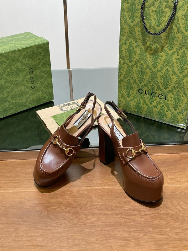 GG WOMEN'S HORSEBIT PLATFORM SLINGBACK IN DARK BROWN CALFSKIN