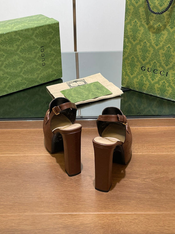 GG WOMEN'S HORSEBIT PLATFORM SLINGBACK IN DARK BROWN EMBOSSED CALFSKIN