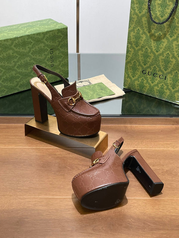 GG WOMEN'S HORSEBIT PLATFORM SLINGBACK IN DARK BROWN EMBOSSED CALFSKIN
