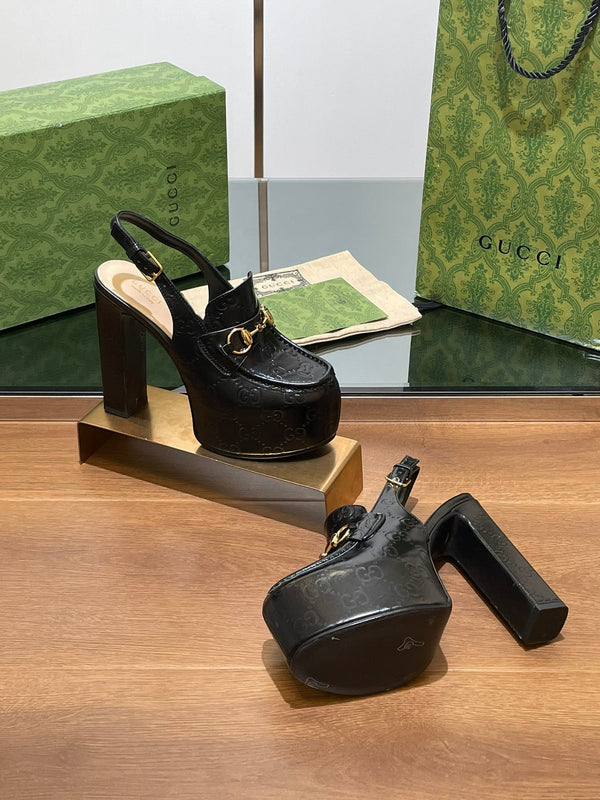 GG WOMEN'S HORSEBIT PLATFORM SLINGBACK IN BLACK EMBOSSED CALFSKIN