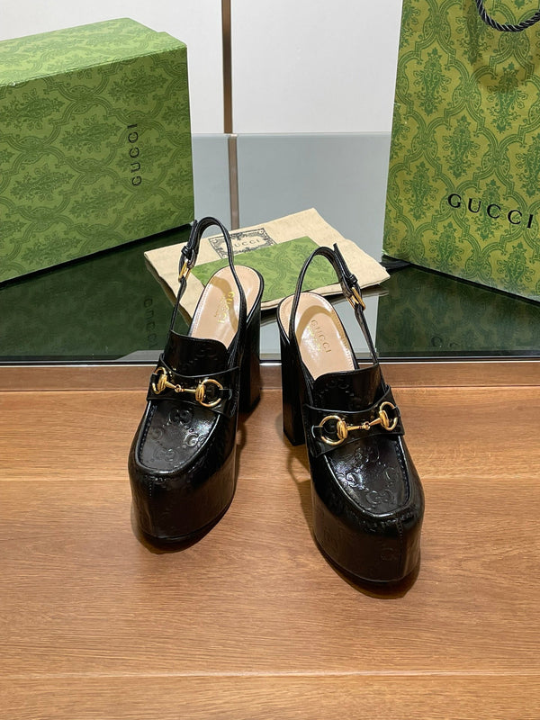 GG WOMEN'S HORSEBIT PLATFORM SLINGBACK IN BLACK EMBOSSED CALFSKIN