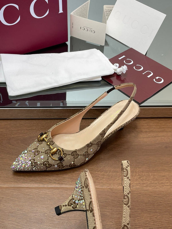 GG Horsebit Slingback 45MM Beige Ebony Monogram Canvas Point Toe Crystal-Embellished
