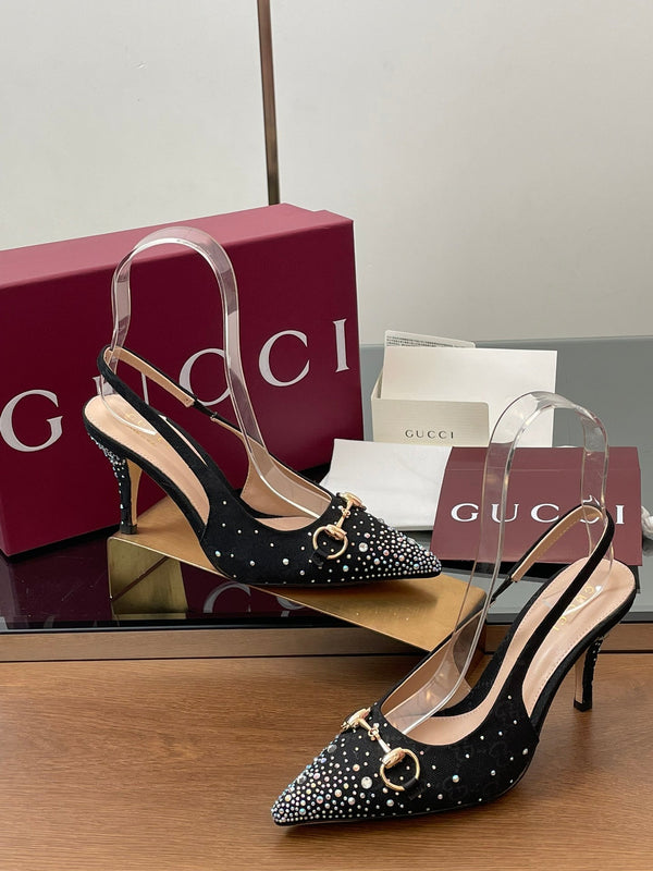 Slingback GG Horsebit 45MM in tela monogrammata nera ebano con punta a punta e cristalli