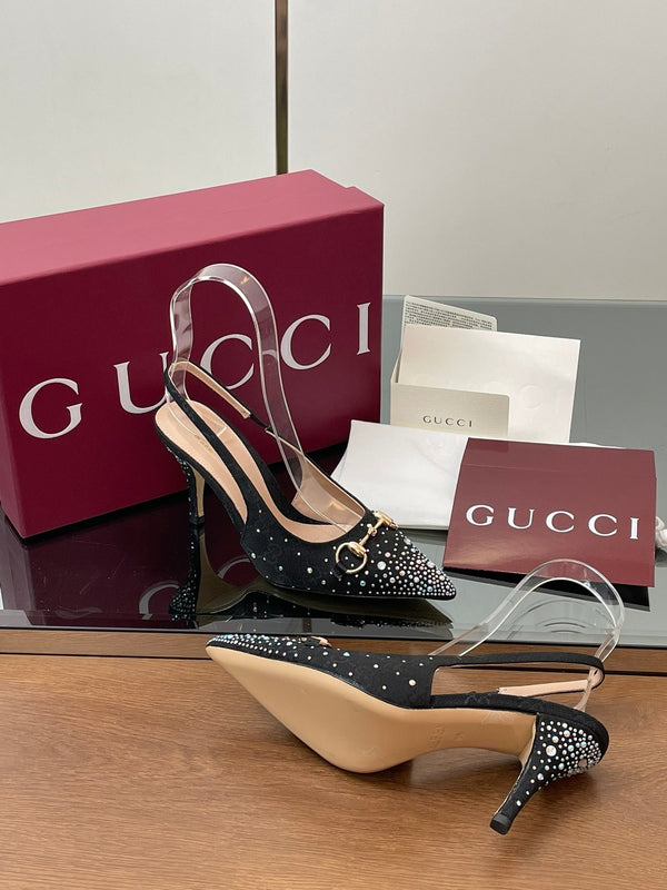 Slingback GG Horsebit 45MM in tela monogrammata nera ebano con punta a punta e cristalli