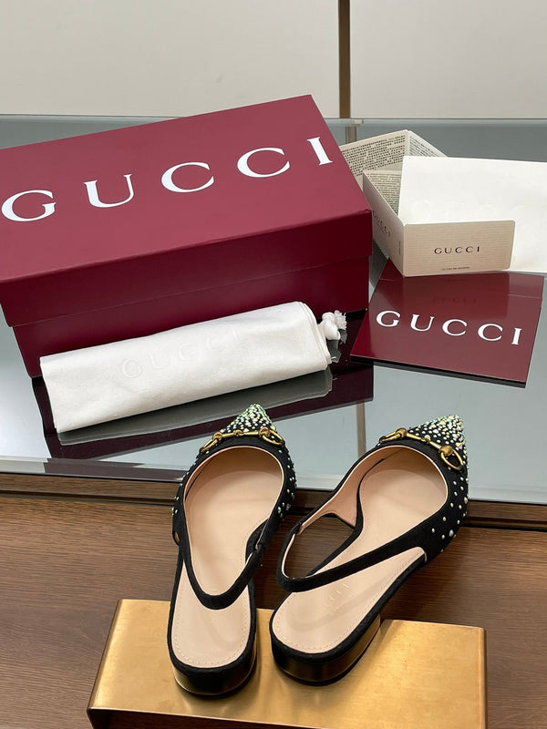 GG Horsebit Slingback Flat Black Ebony Monogram Canvas Point Toe Crystal-Embellished