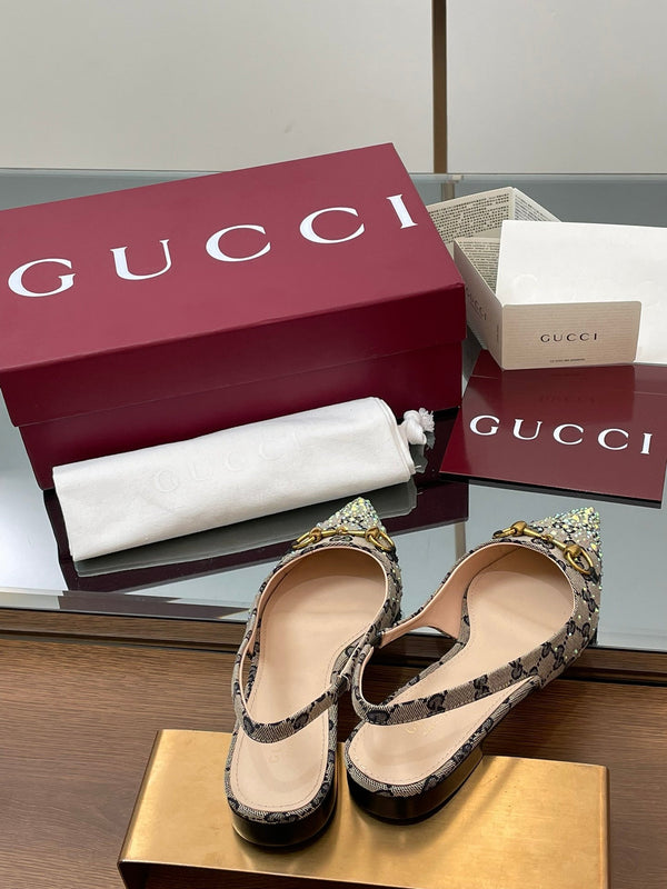 GG Horsebit Slingback Flat Black Ebony Monogram Canvas Point Toe Crystal-Embellished