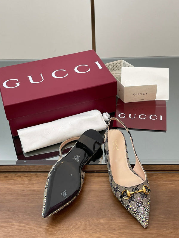 GG Horsebit Slingback Flat Black Ebony Monogram Canvas Point Toe Crystal-Embellished