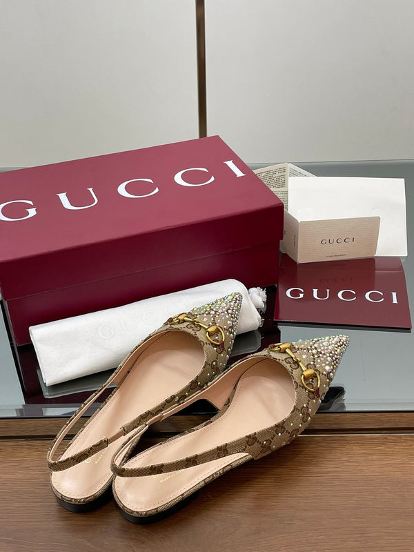 GG Horsebit Slingback Flat Beige Ebony Monogram Canvas Point Toe Crystal-Embellished
