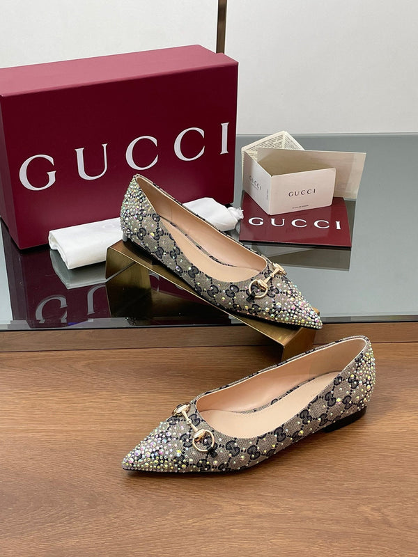 GG Horsebit Ballet Flat Beige Black Monogram Canvas Crystal-Embellished
