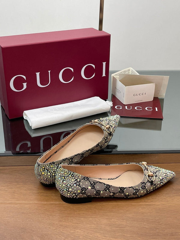 GG Horsebit Ballet Flat Beige Black Monogram Canvas Crystal-Embellished