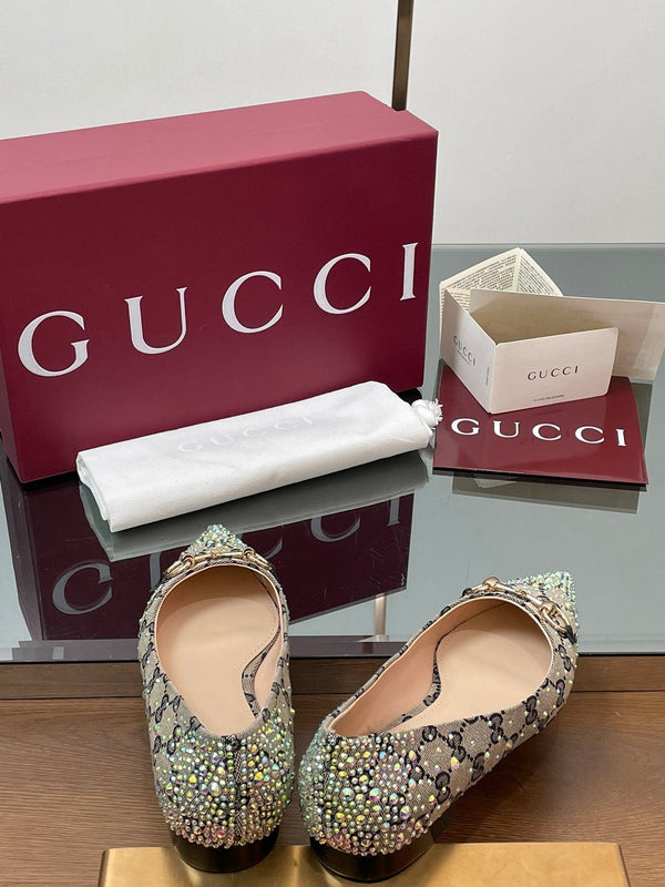 GG Horsebit Ballet Flat Beige Black Monogram Canvas Crystal-Embellished