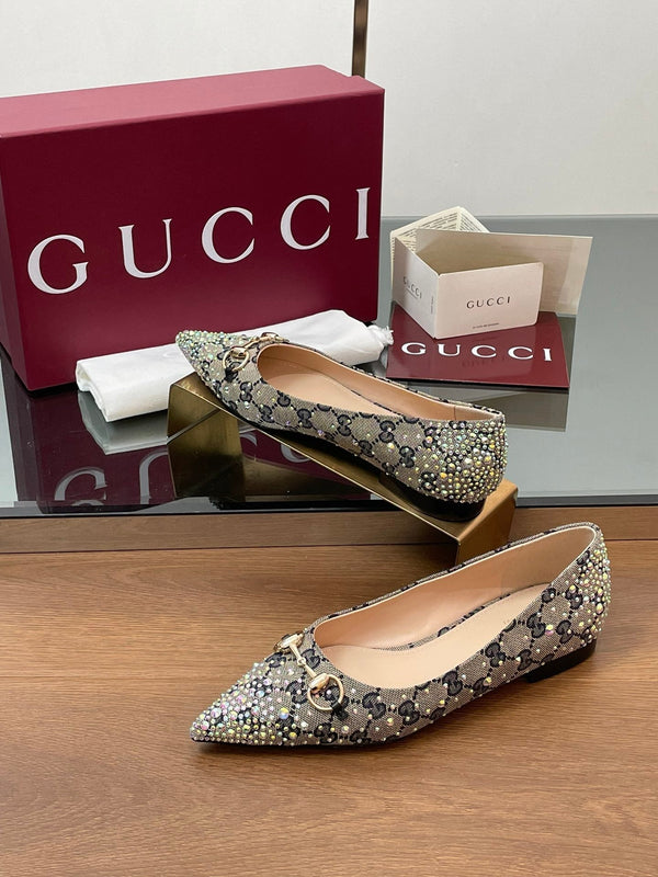 GG Horsebit Ballet Flat Beige Black Monogram Canvas Crystal-Embellished
