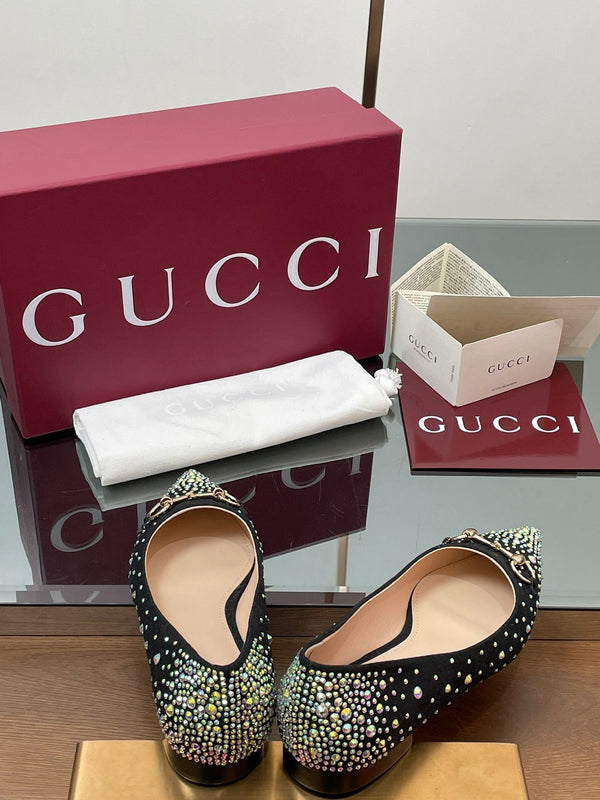 GG Horsebit Ballet Flat Black Ebony Monogram Canvas Crystal-Embellished