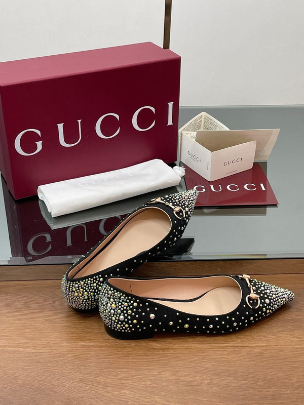 GG Horsebit Ballet Flat Black Ebony Monogram Canvas Crystal-Embellished