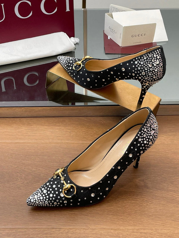 GG Horsebit Pump 85 Black Ebony Monogram Canvas Crystal-Embellished