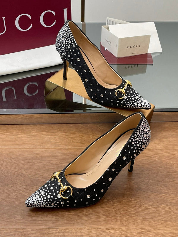 GG Horsebit Pump 85 Black Ebony Monogram Canvas Crystal-Embellished