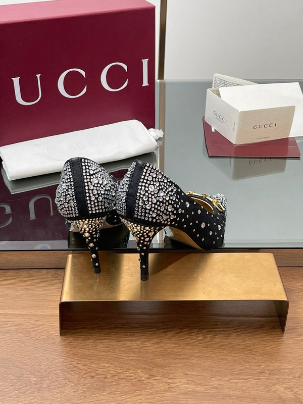 GG Horsebit Pump 85 Black Ebony Monogram Canvas Crystal-Embellished