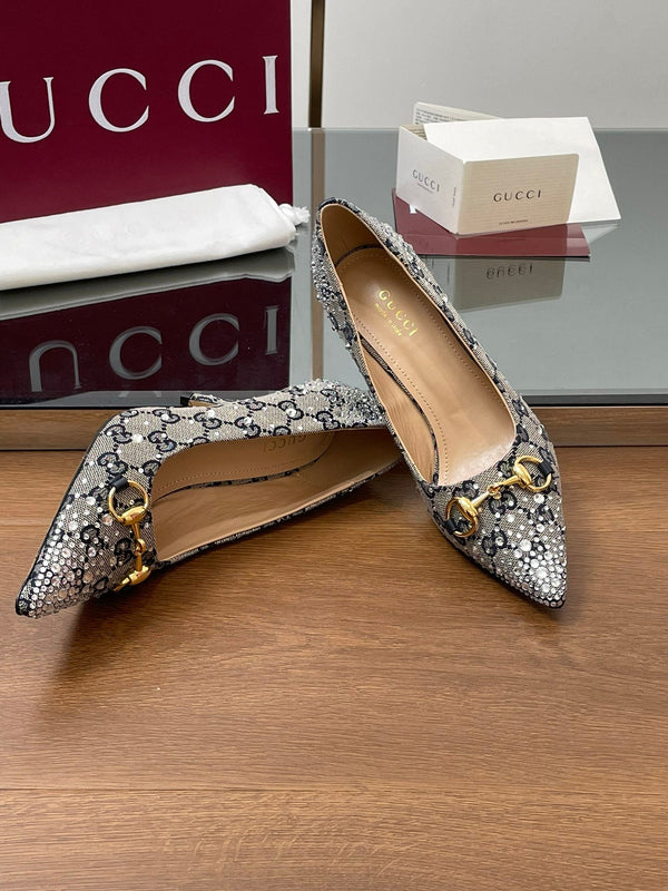 GG Horsebit Pump 85 Beige Black Monogram Canvas Crystal-Embellished