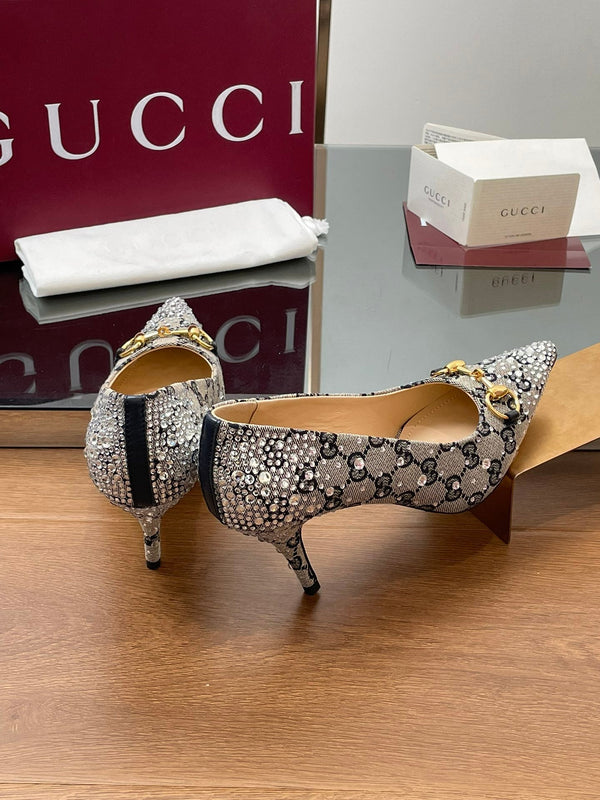 GG Horsebit Pump 85 Beige Black Monogram Canvas Crystal-Embellished