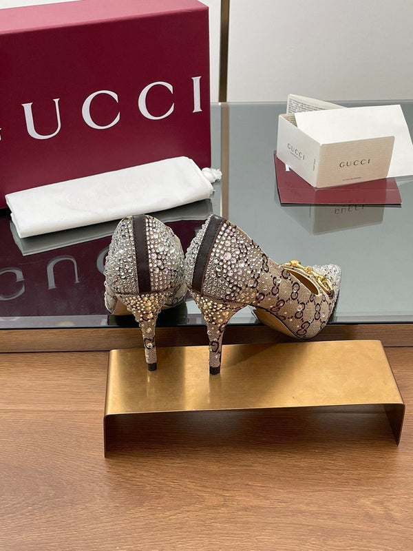 GG Horsebit Pump 85 Beige Ebony Monogram Canvas Crystal-Embellished