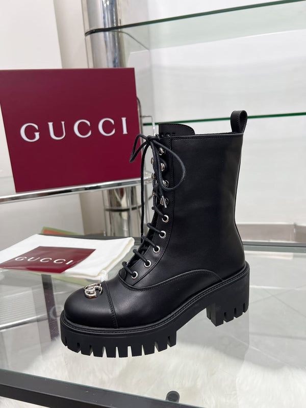 GG Platform Combat Boots Black Cowhide 476792
