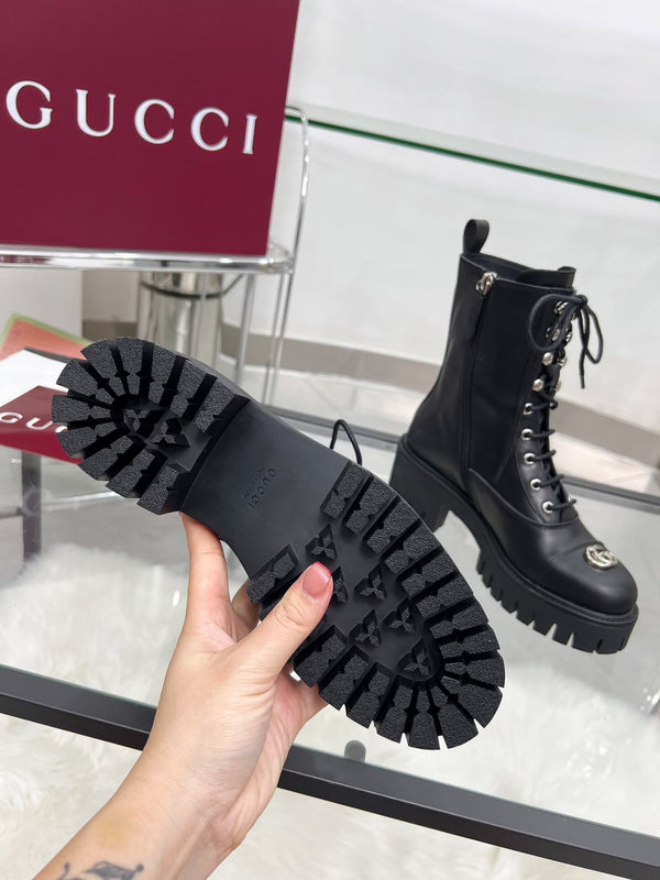 GG Platform Combat Boots Black Cowhide 476792