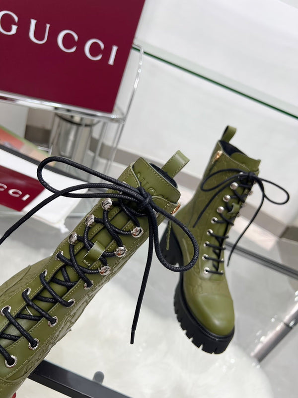 GG Platform Combat Boots Olive Green Logo Embossed Cowhide 476790