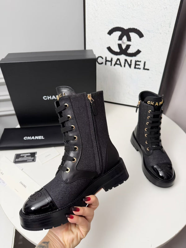 CC 26s Bottine Noir Bleu Denim Cuir Verni