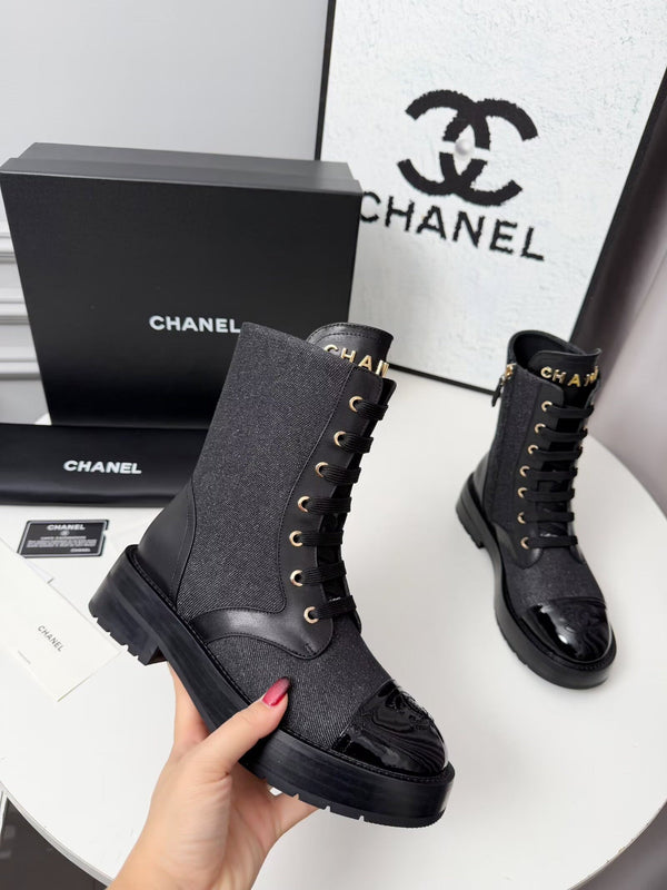 CC 26s Bottine Noir Bleu Denim Cuir Verni