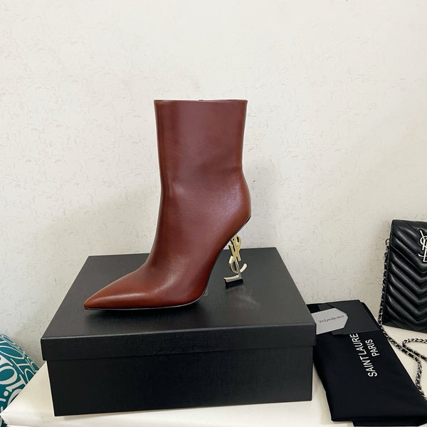 YSL 2025 Logo Talon Métal Bottine Cuir Vachette Marron 575004