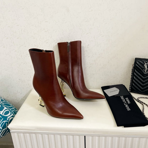 YSL 2025 Logo Talon Métal Bottine Cuir Vachette Marron 575004