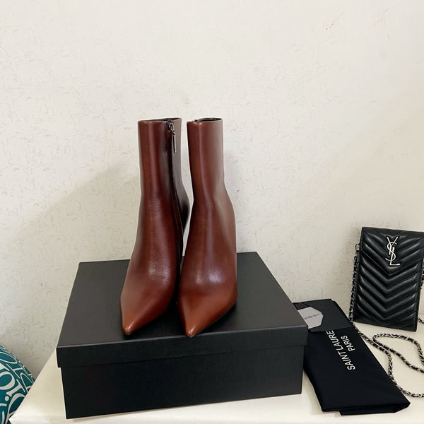 YSL 2025 Logo Talon Métal Bottine Cuir Vachette Marron 575004