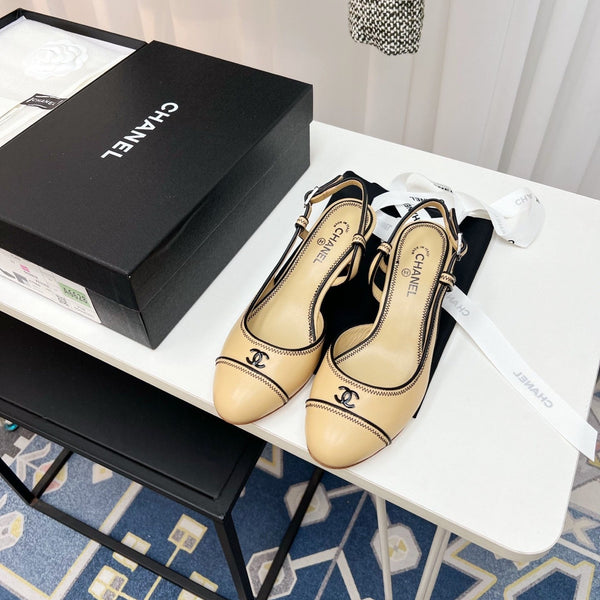 CC Slingback Heels With Black Contrast Stitching Beige Lambskin 476711