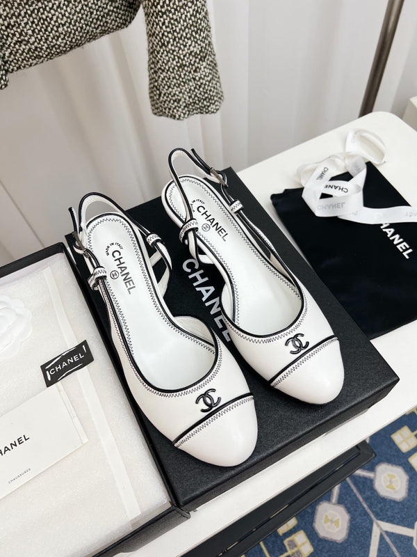 CC Slingback Heels With Black Contrast Stitching White Lambskin 476712
