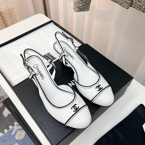 CC Slingback Heels With Black Contrast Stitching White Lambskin 476712