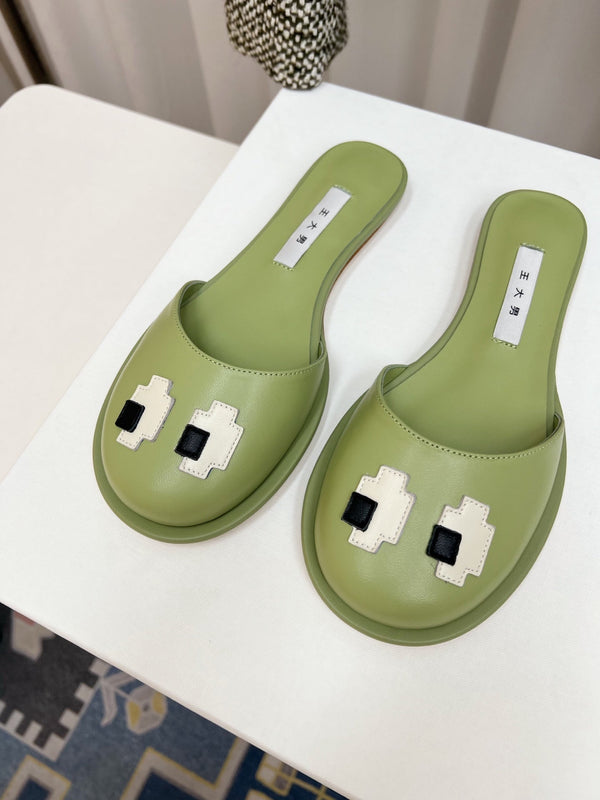 The Row Semi Slippers Olive Green Sheepskin 827493
