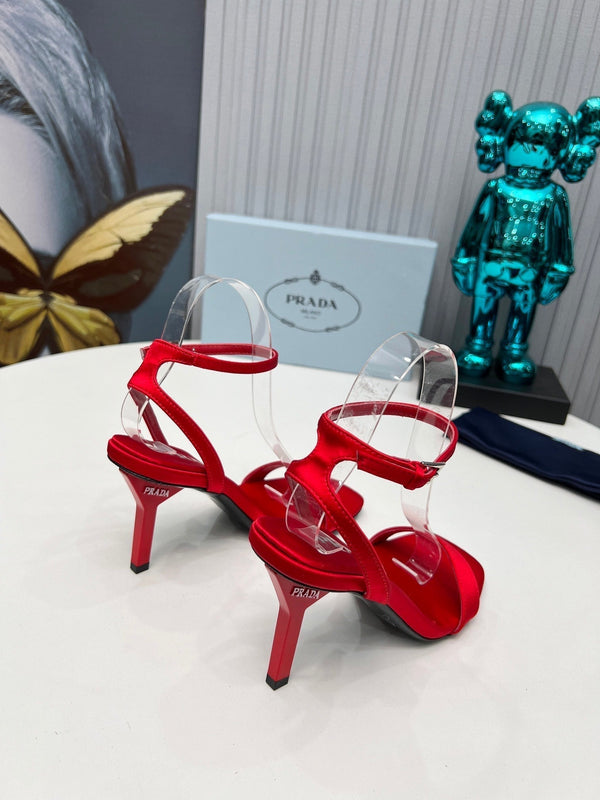 Prad 26s Ankle Strap Sandals Stiletto Heel 80mm In Dark Red Satin